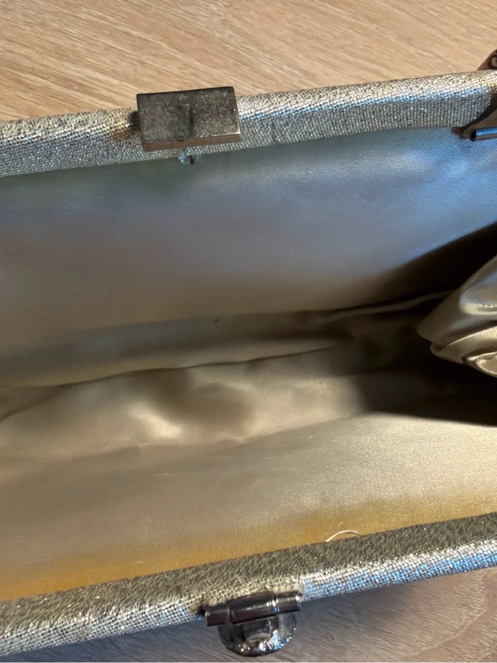 Vintage 1960s Silver Lamé Evening Clutch Bag with Structured Metal Top Handle